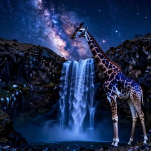 Жираф около водопада в горах на форе млечного пути