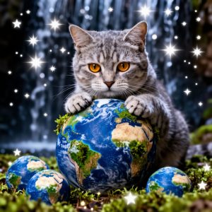 Кот играет с планетой на фоне водопада из звезд