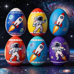 Пасхальные крашенные яйца с изображениями космонавтов в космосе и ракет на взлете