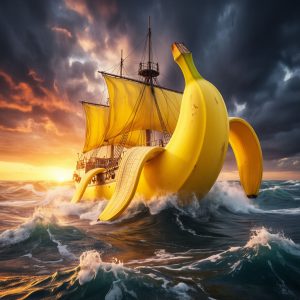 Корабль в виде банана в шторм на закате